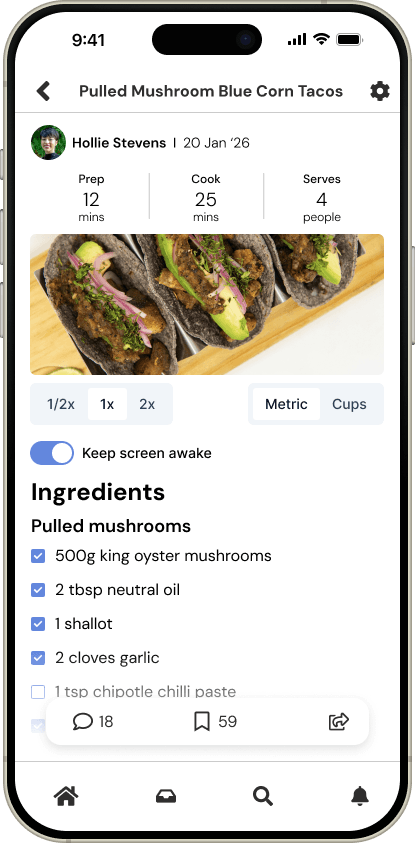 RecipeStack.io iOS app on iPhone 16 plus displaying a recipe for tacos